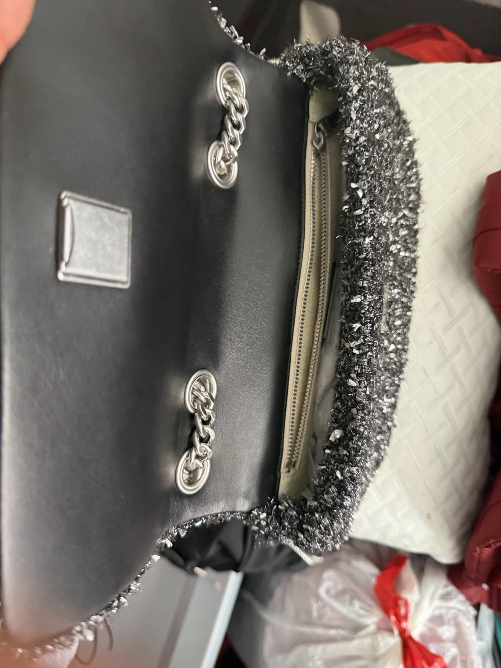 Tory Burch New Black and Silver Tweed Shoulder Bag with Chain Strap Original